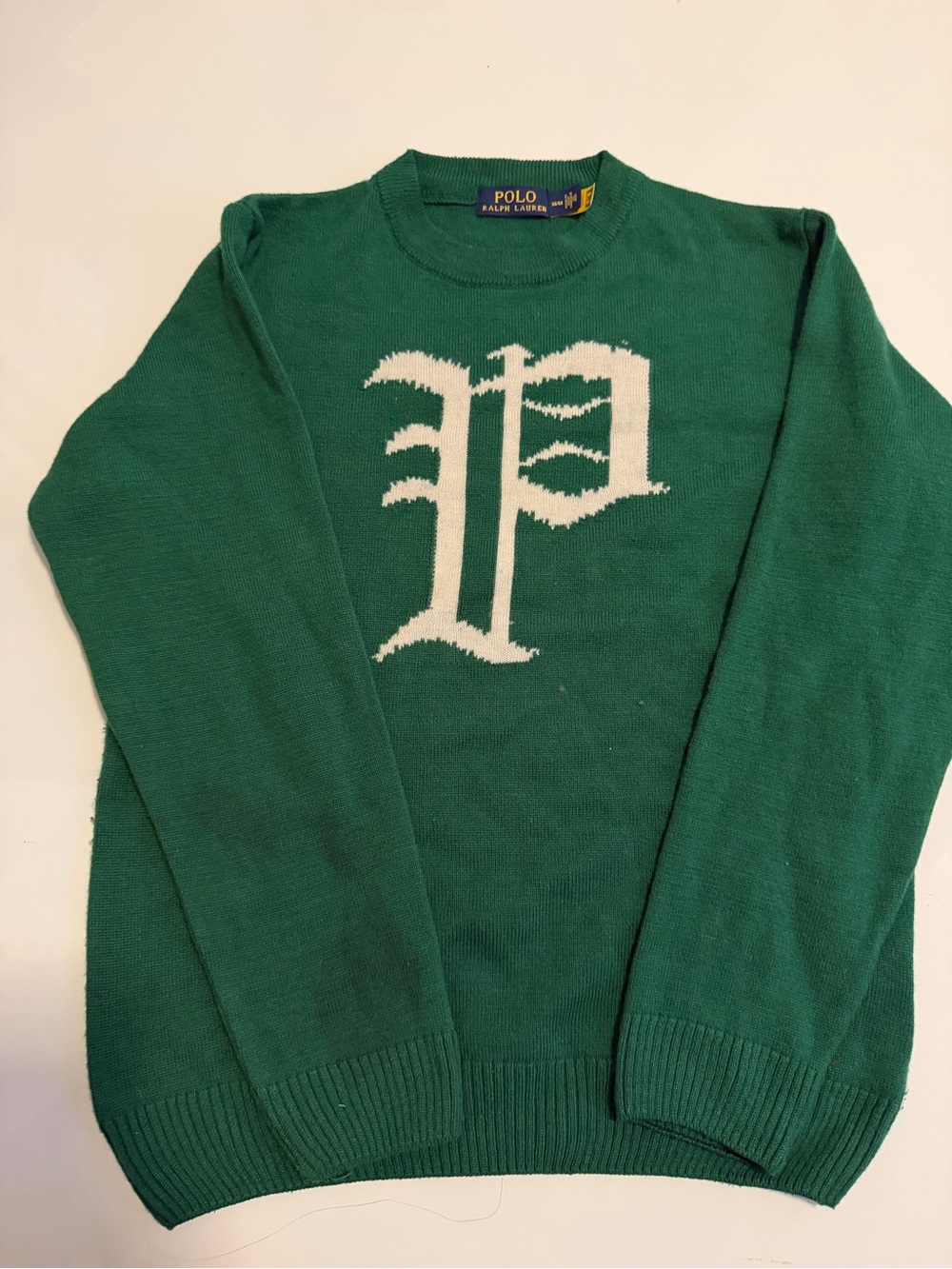 Polo by Ralph Lauren Men’s Green Crewneck Sweater with Gothic White 'P' Logo